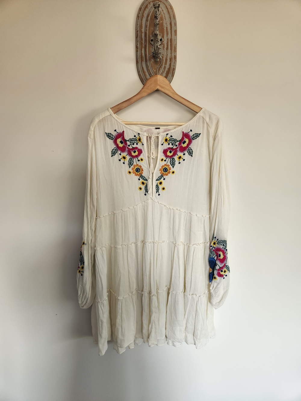 Boho Embroidered Ivory Peasant Dress with Pink Floral Accents